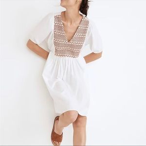 Madewell Embroidered Poplin V-Neck Mini Dress | Eyelet White | Size Large
